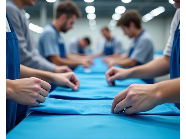 Skilled North American technicians meticulously inspecting beach umbrellas on an assembly line, ensuring precision and quality control.