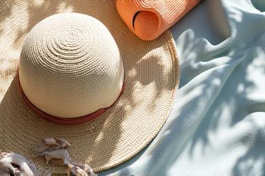 Elegant straw hat and sunglasses on a beach towel