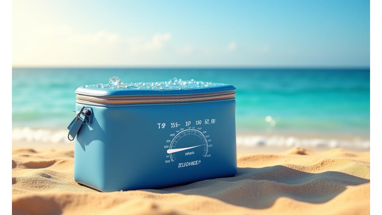 A Beach Elevate cooler bag on a sandy beach, with condensation showing its coldness, and a thermometer graphic illustrating 12-hour ice retention in bright sunlight.