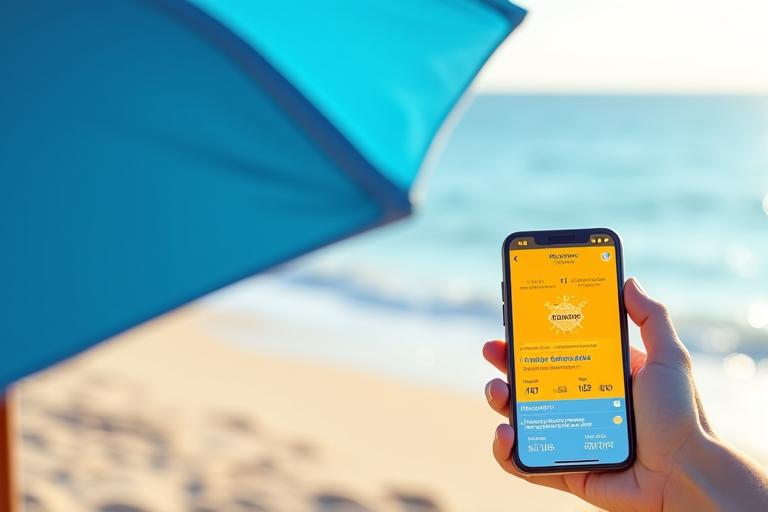 Close-up view of a smart beach umbrella's integrated UV sensor display and a smartphone showing a UV index app.