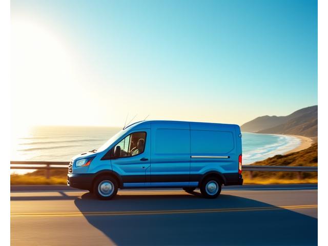 A delivery truck driving away from a beach, implying fast and reliable shipping.